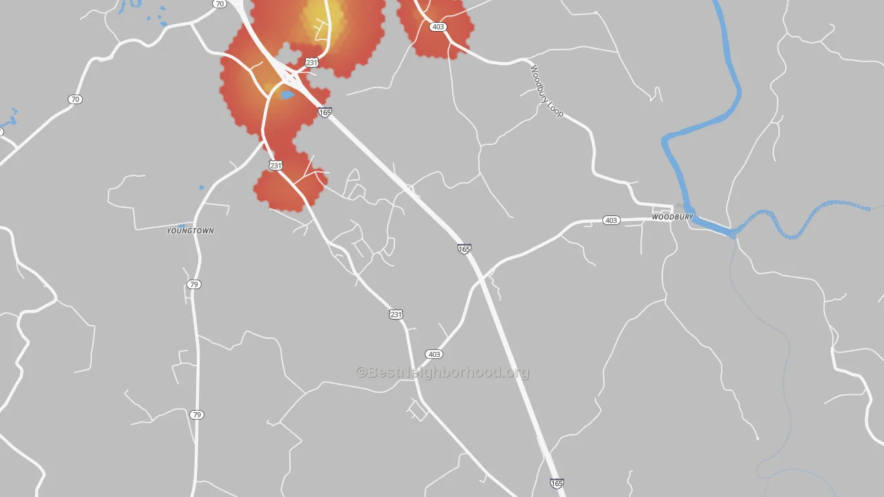 Walk Grade map of Brooklyn, KY, walkable areas in green and car-dependent areas in red