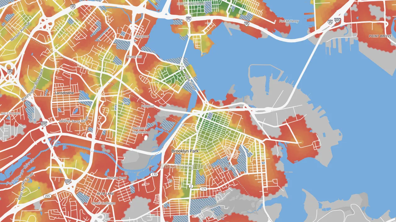 Walk Grade map of Brooklyn, MD, walkable areas in green and car-dependent areas in red