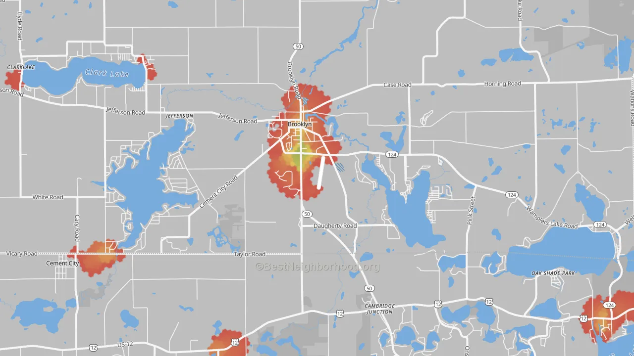 Walk Grade map of Brooklyn, MI, walkable areas in green and car-dependent areas in red