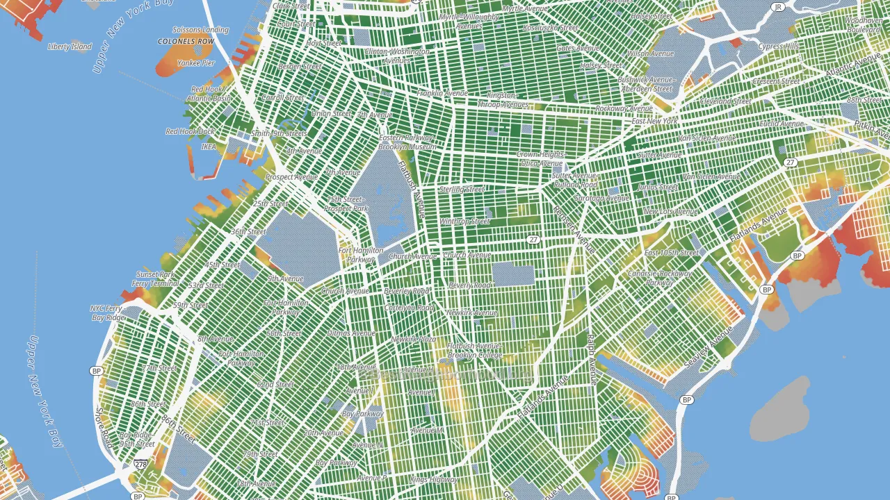 Walk Grade map of Brooklyn, NY, walkable areas in green and car-dependent areas in red