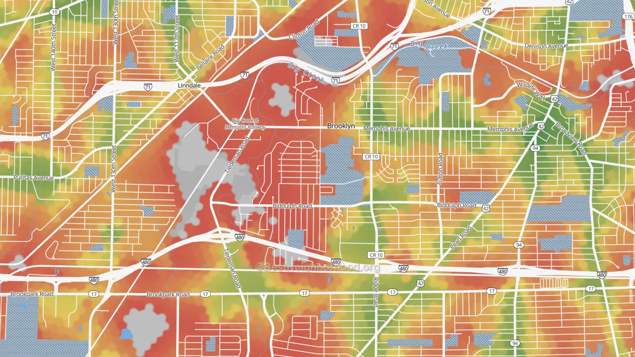 Walk Grade map of Brooklyn, OH, walkable areas in green and car-dependent areas in red
