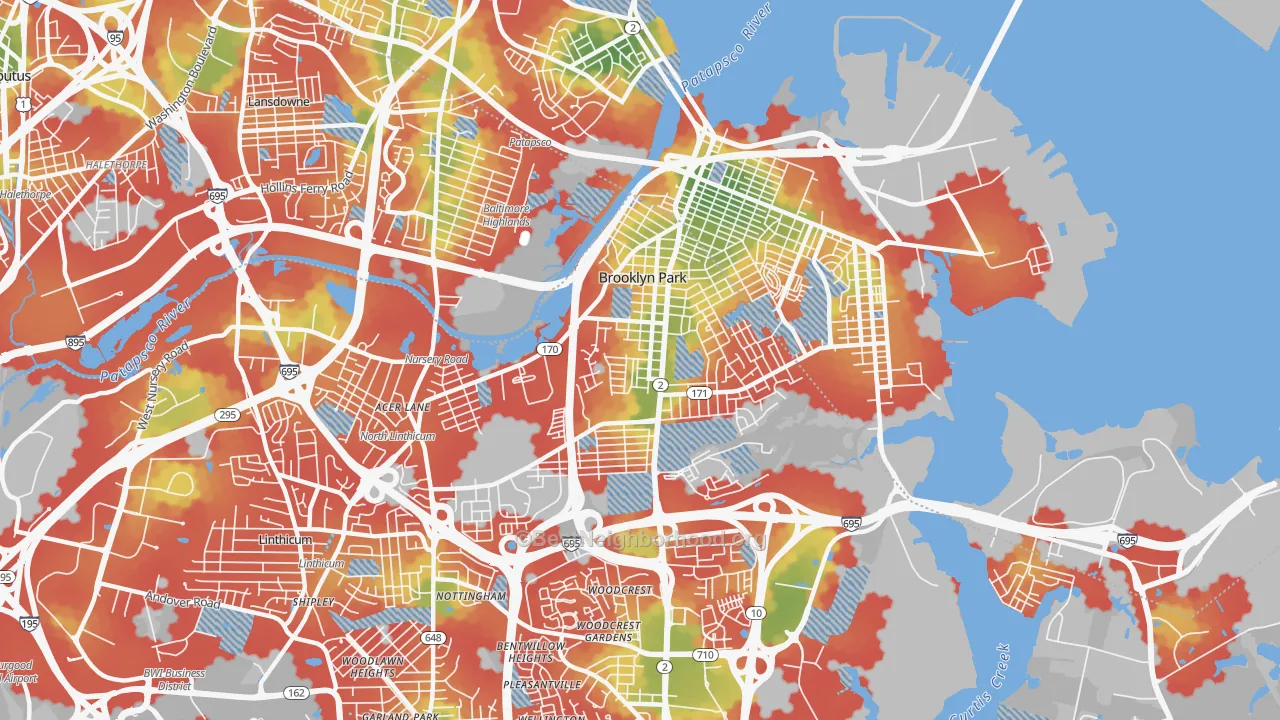 Walk Grade map of Brooklyn Park, MD, walkable areas in green and car-dependent areas in red