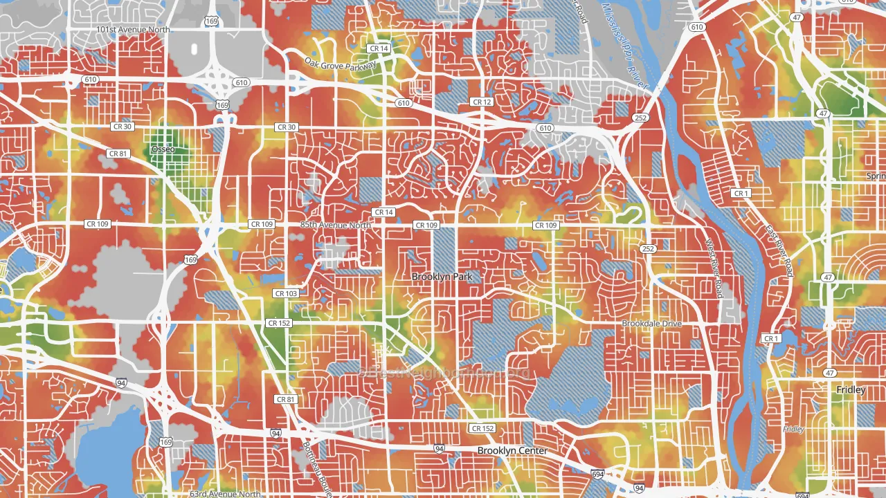 Walk Grade map of Brooklyn Park, MN, walkable areas in green and car-dependent areas in red