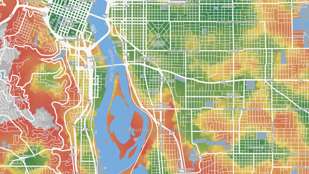 Walk Grade map of Brooklyn, Portland, OR, walkable areas in green and car-dependent areas in red
