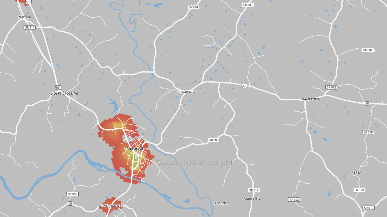 Walk Grade map of Brookneal, VA, walkable areas in green and car-dependent areas in red