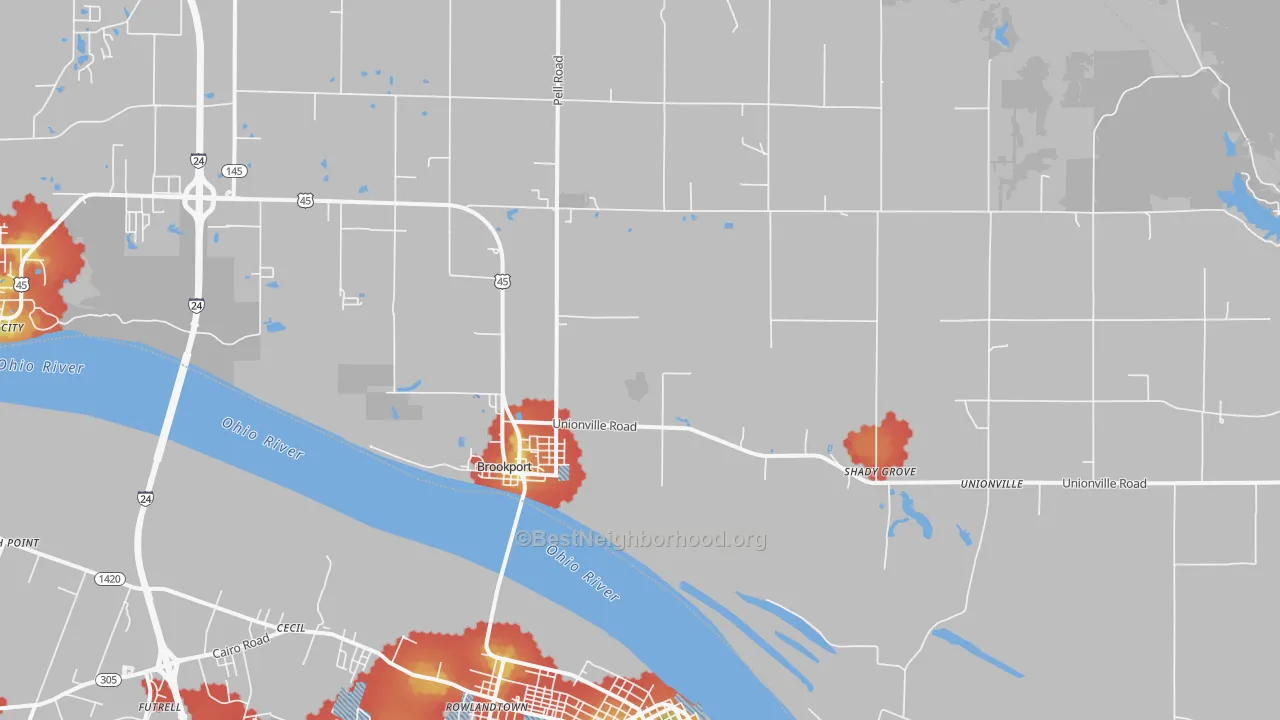 Walk Grade map of Brookport, IL, walkable areas in green and car-dependent areas in red
