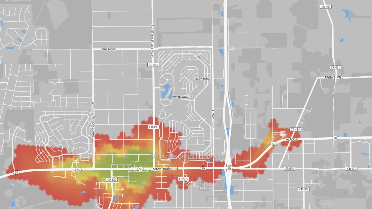 Walk Grade map of Brookridge, FL, walkable areas in green and car-dependent areas in red
