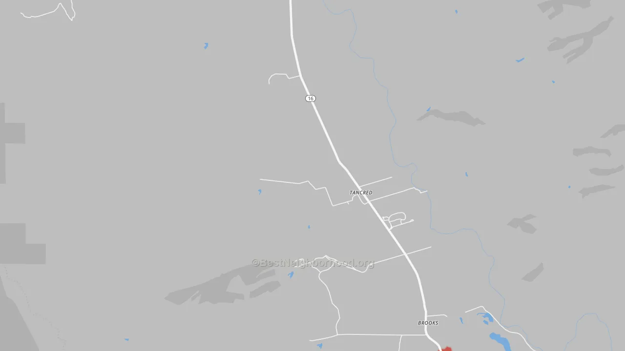 Walk Grade map of Brooks, CA, walkable areas in green and car-dependent areas in red