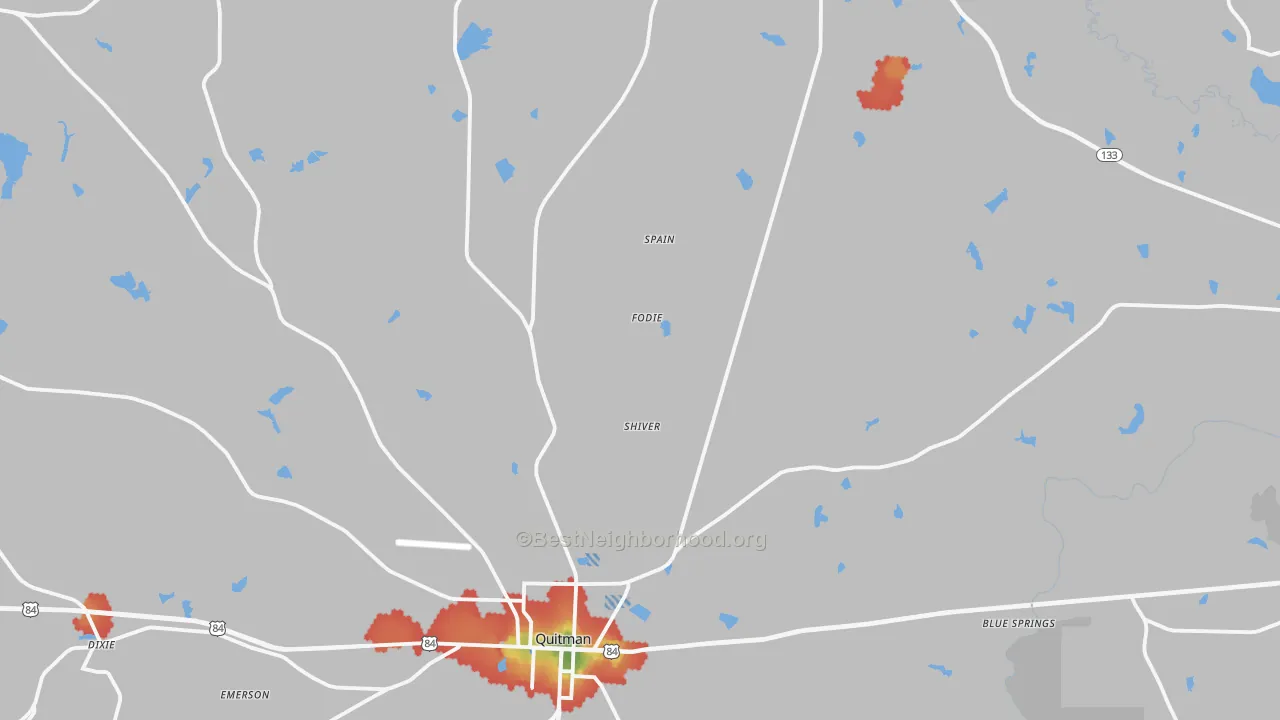 Walk Grade map of Brooks County, GA, walkable areas in green and car-dependent areas in red