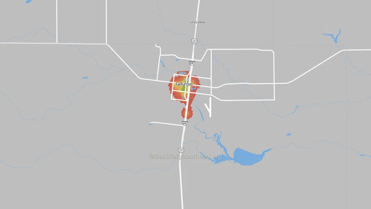 Walk Grade map of Brooks County, TX, walkable areas in green and car-dependent areas in red