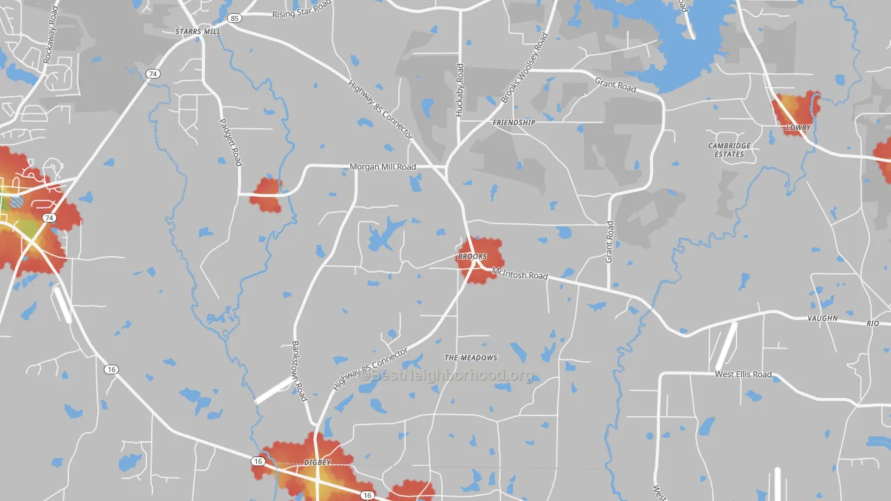 Walk Grade map of Brooks, GA, walkable areas in green and car-dependent areas in red