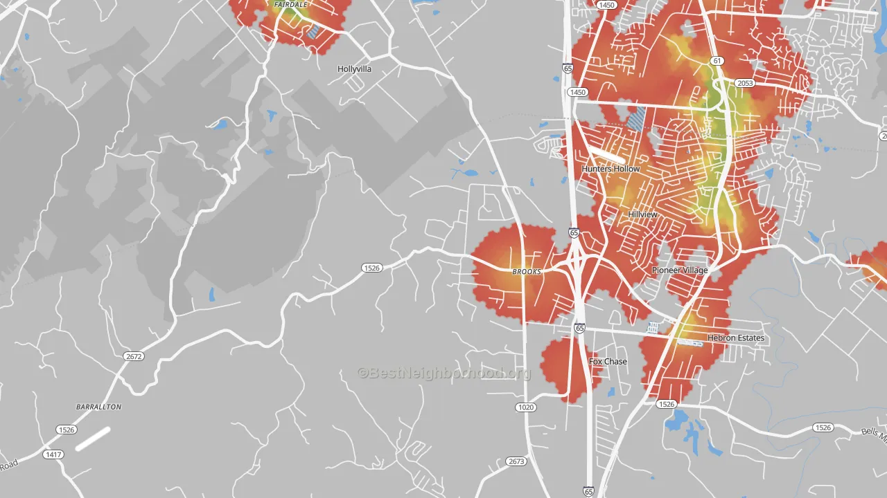 Walk Grade map of Brooks, KY, walkable areas in green and car-dependent areas in red