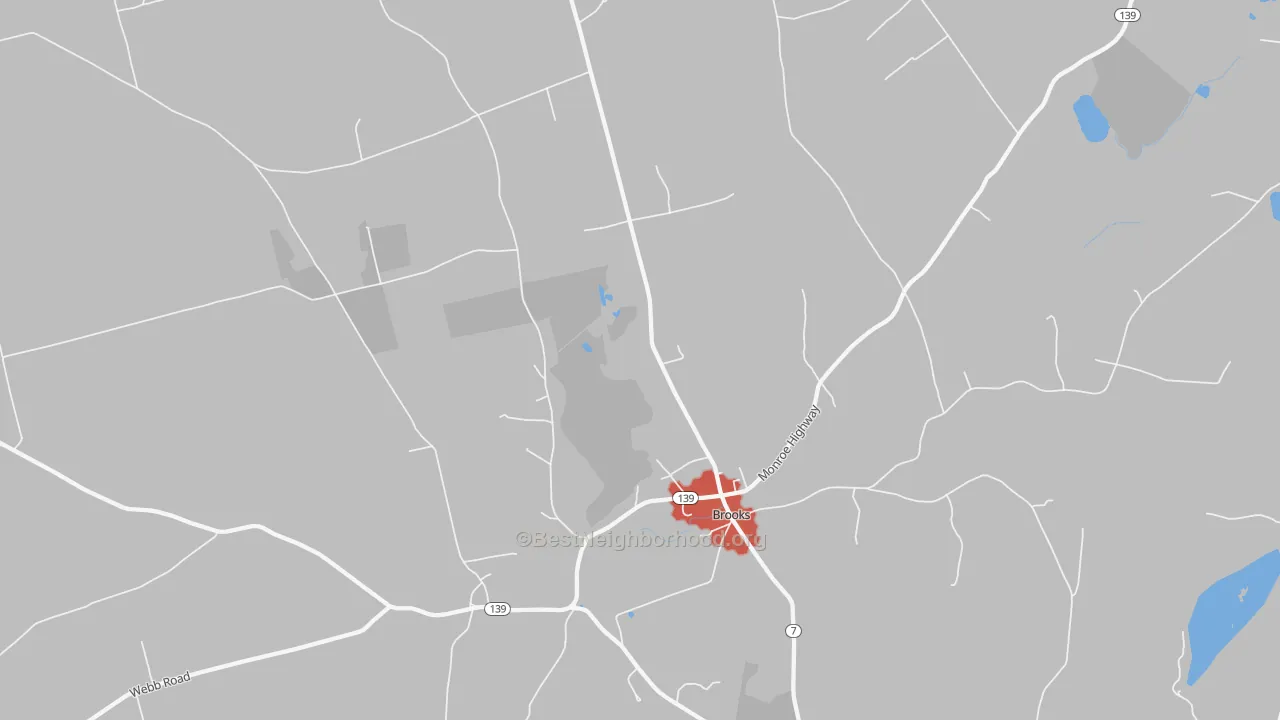 Walk Grade map of Brooks, ME, walkable areas in green and car-dependent areas in red