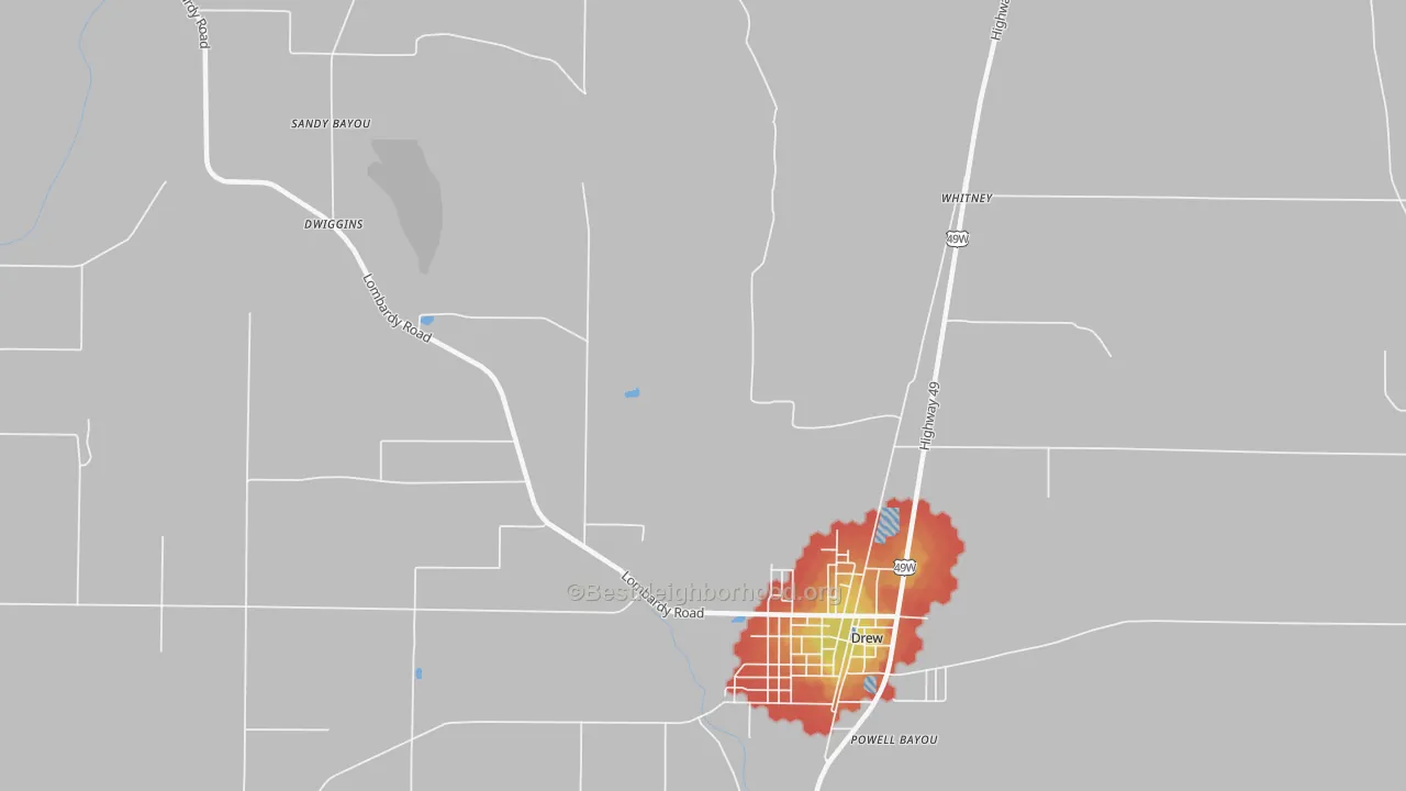 Walk Grade map of Brooks, MS, walkable areas in green and car-dependent areas in red