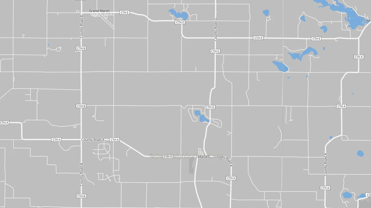 Walk Grade map of Brooks, WI, walkable areas in green and car-dependent areas in red