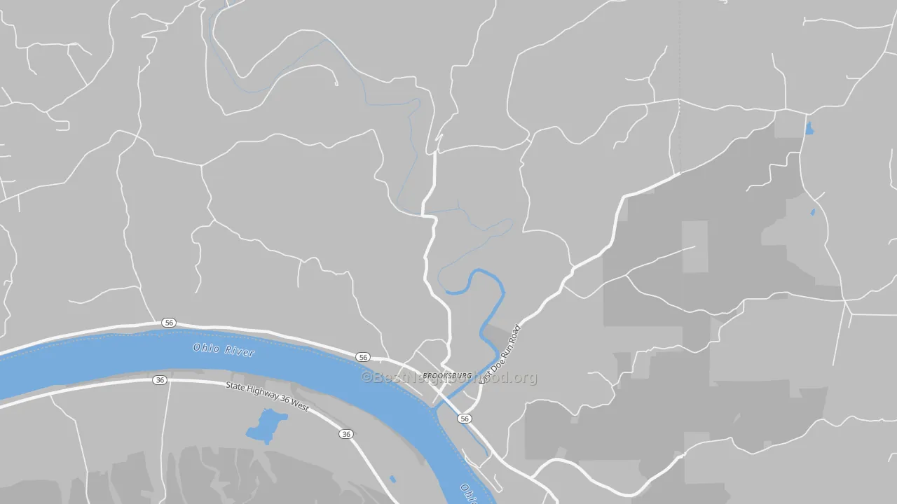 Walk Grade map of Brooksburg, IN, walkable areas in green and car-dependent areas in red
