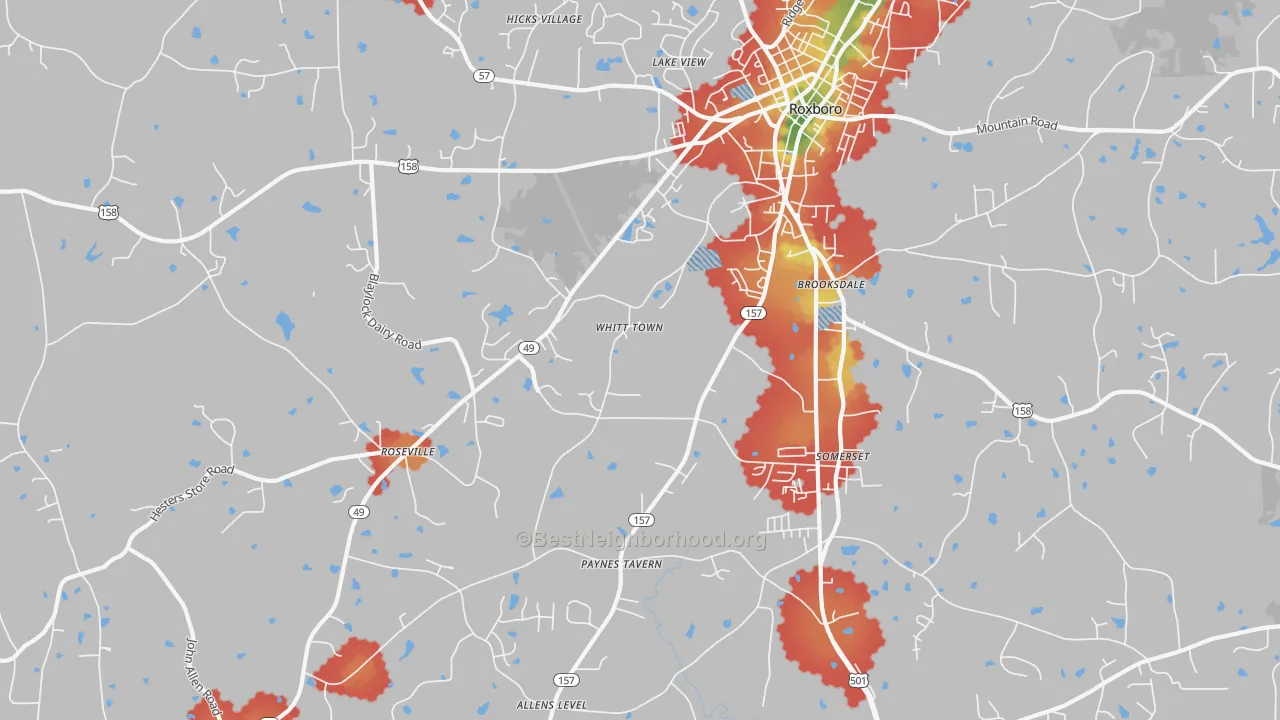 Walk Grade map of Brooksdale, NC, walkable areas in green and car-dependent areas in red