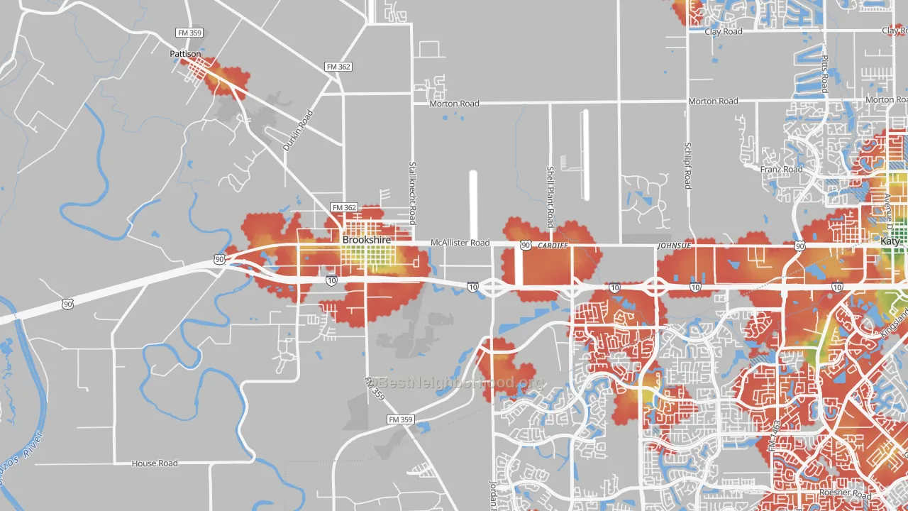 Walk Grade map of Brookshire, TX, walkable areas in green and car-dependent areas in red