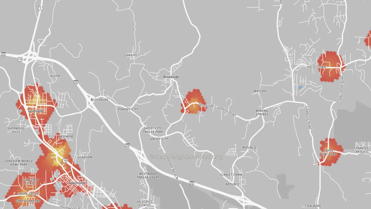 Walk Grade map of Brookside, AL, walkable areas in green and car-dependent areas in red