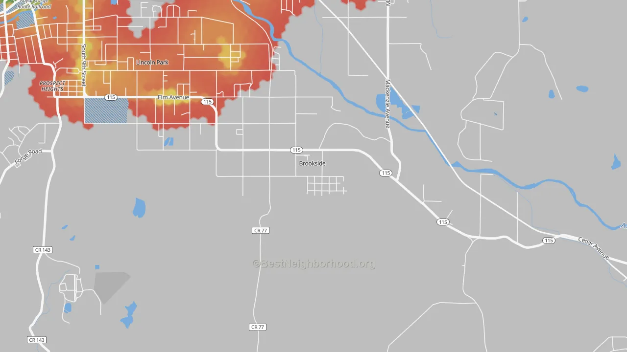Walk Grade map of Brookside, CO, walkable areas in green and car-dependent areas in red