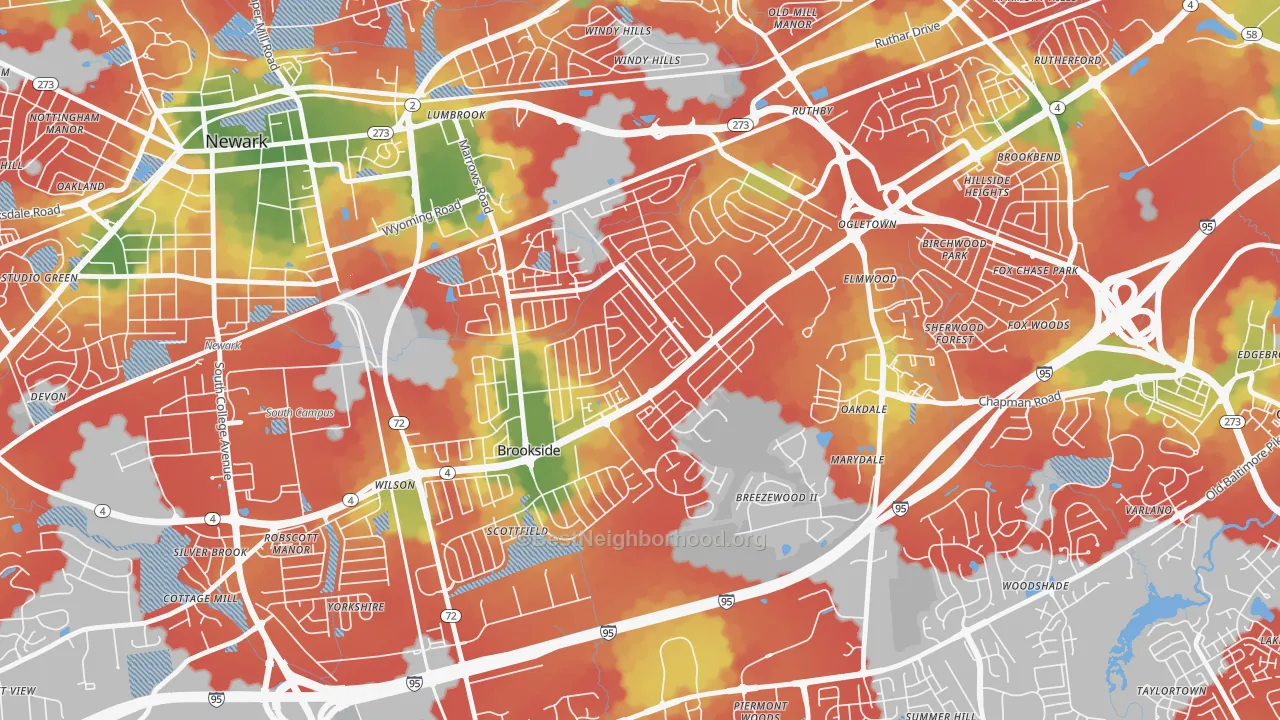 Walk Grade map of Brookside, DE, walkable areas in green and car-dependent areas in red