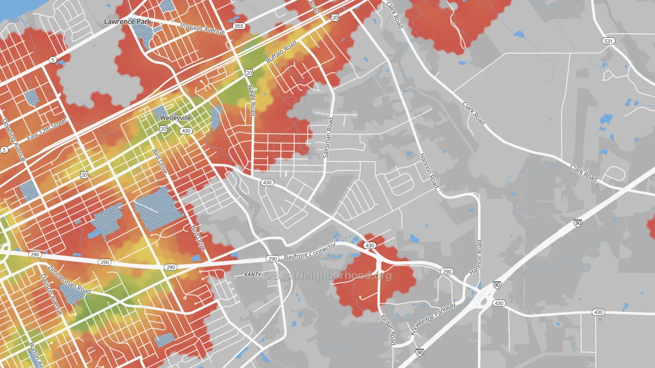 Walk Grade map of Brookside, Erie, PA, walkable areas in green and car-dependent areas in red