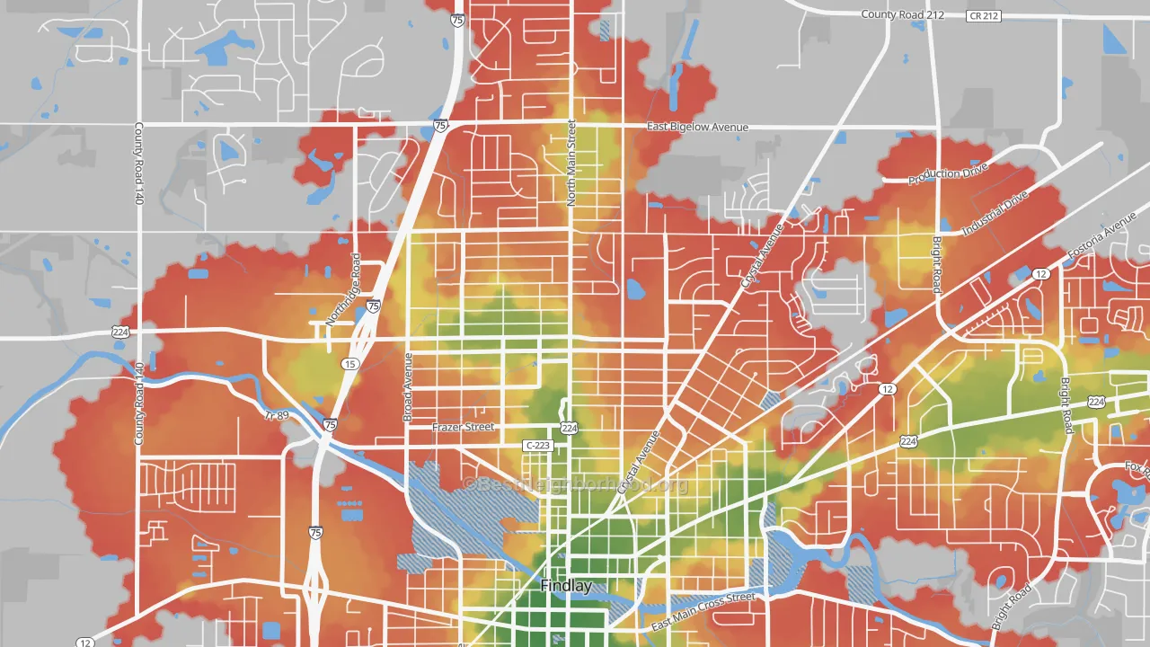 Walk Grade map of Brookside, Findlay, OH, walkable areas in green and car-dependent areas in red