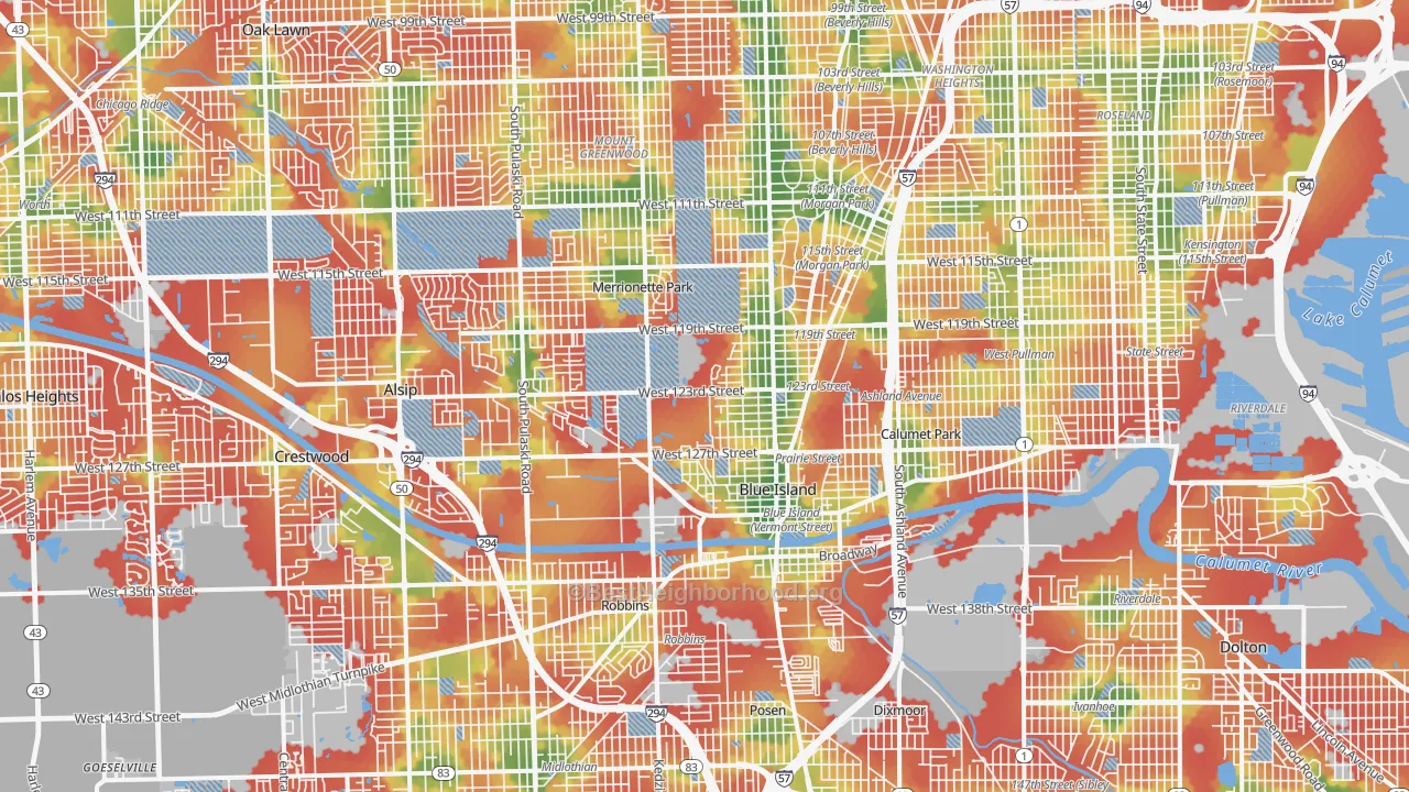 Walk Grade map of Brookside Glen, Chicago, IL, walkable areas in green and car-dependent areas in red