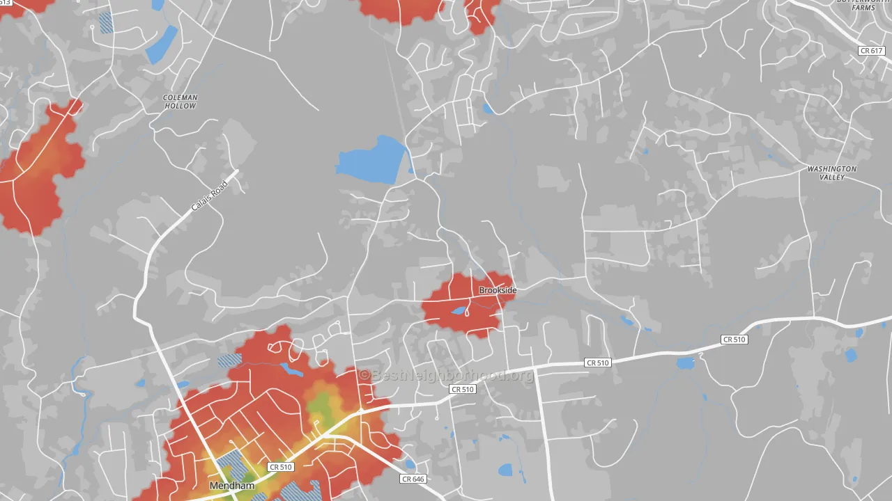 Walk Grade map of Brookside, NJ, walkable areas in green and car-dependent areas in red