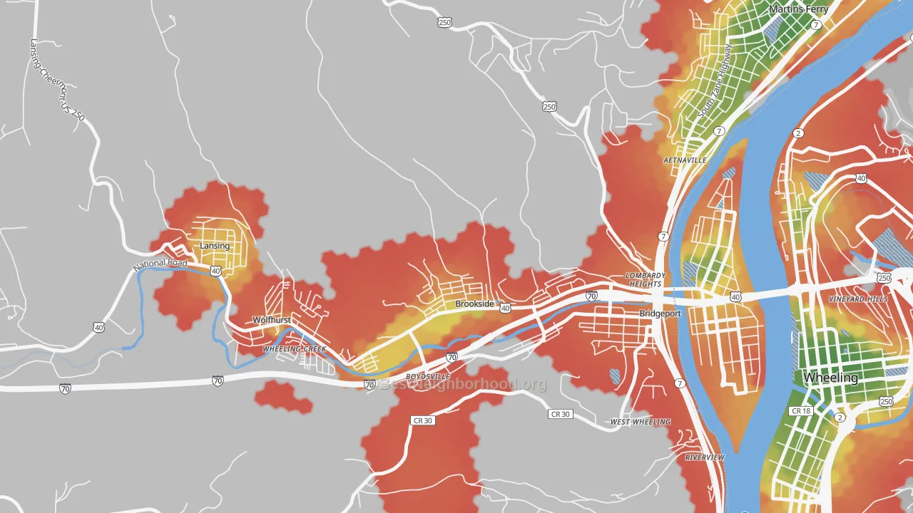 Walk Grade map of Brookside, OH, walkable areas in green and car-dependent areas in red