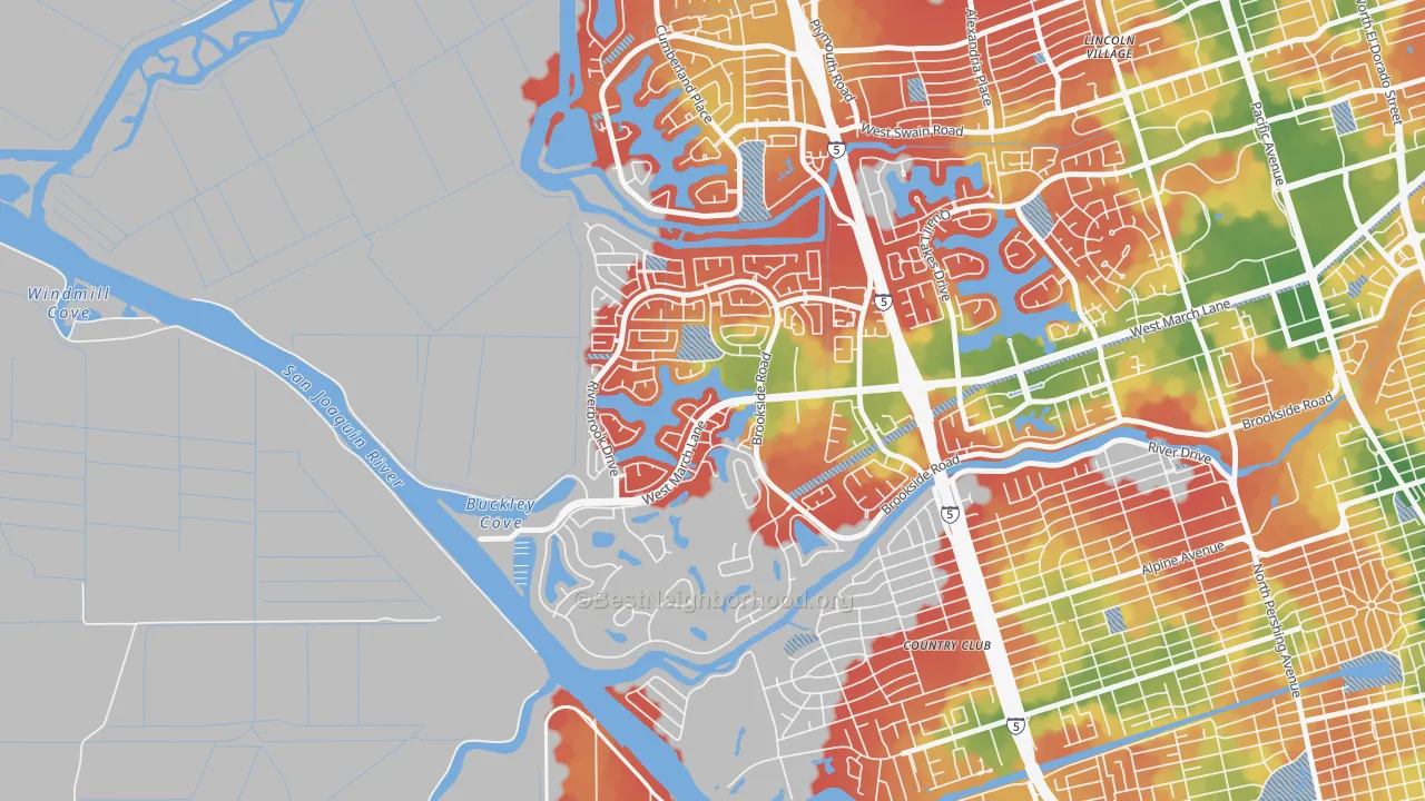 Walk Grade map of Brookside, Stockton, CA, walkable areas in green and car-dependent areas in red