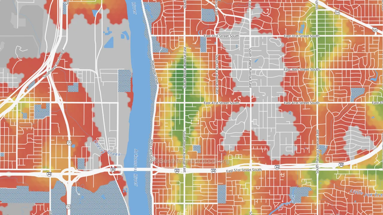 Walk Grade map of Brookside, Tulsa, OK, walkable areas in green and car-dependent areas in red