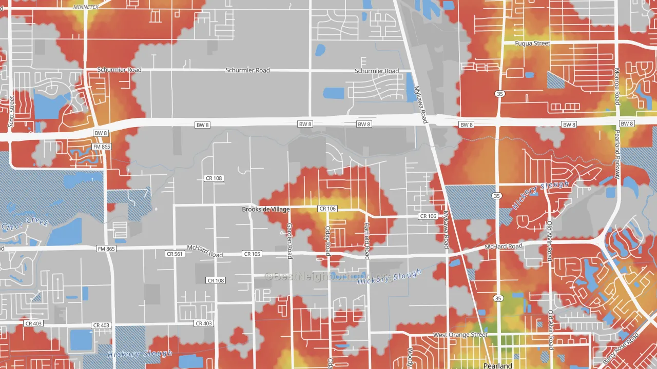 Walk Grade map of Brookside Village, TX, walkable areas in green and car-dependent areas in red