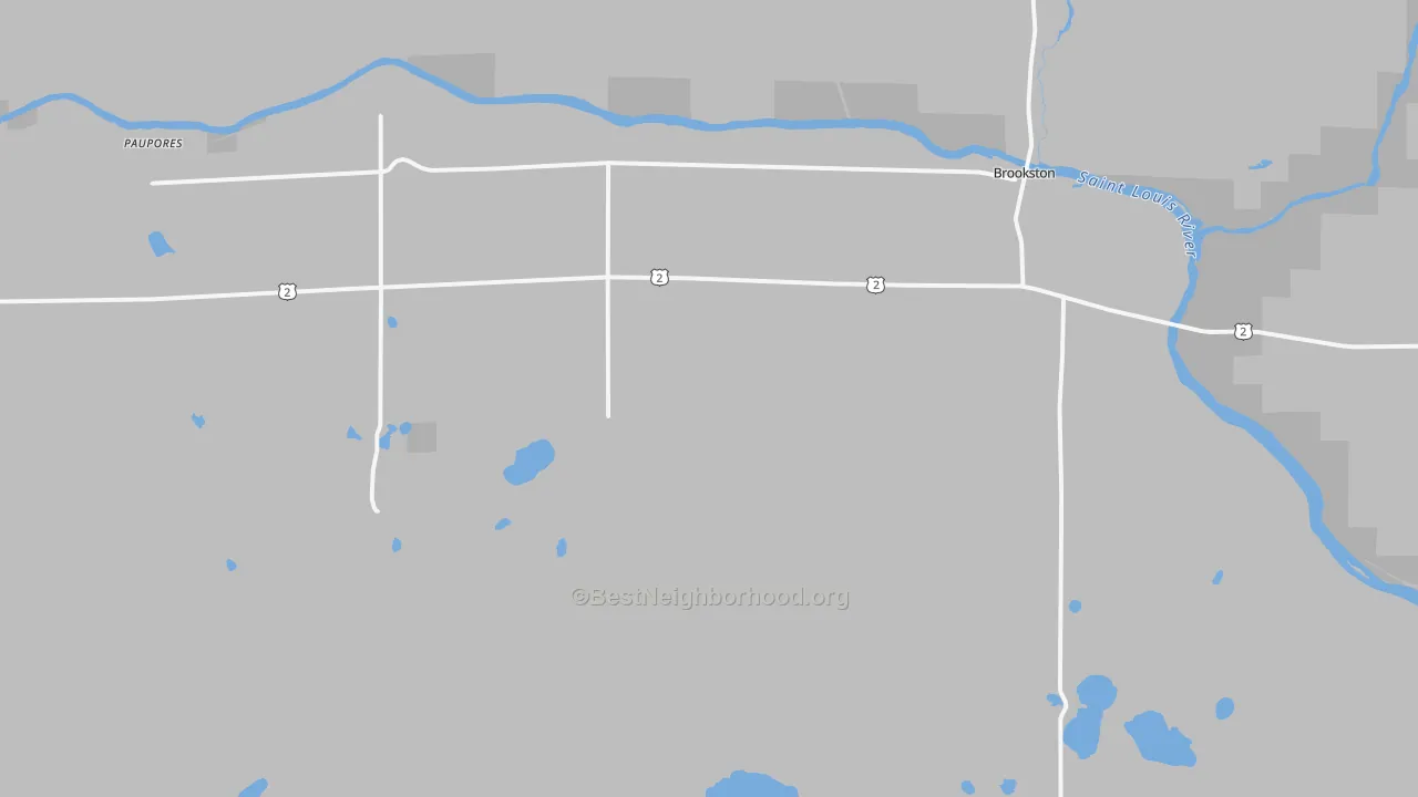 Walk Grade map of Brookston, MN, walkable areas in green and car-dependent areas in red