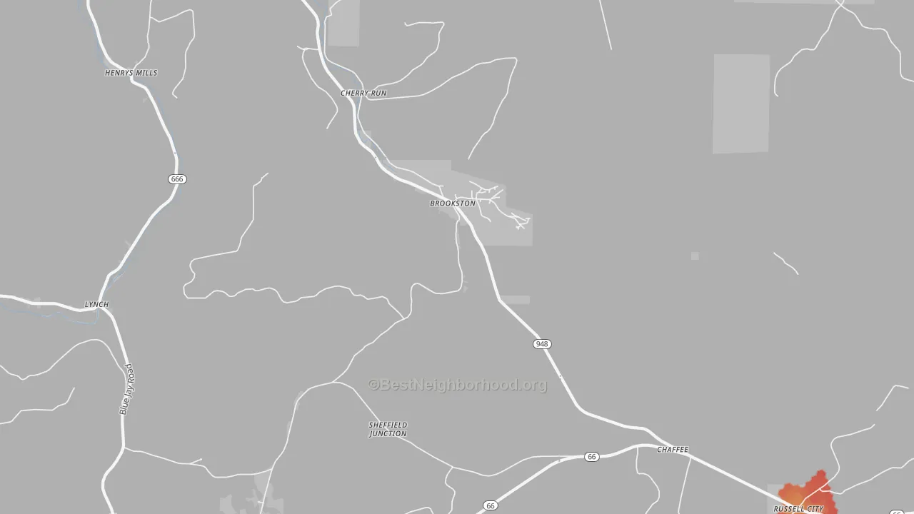 Walk Grade map of Brookston, PA, walkable areas in green and car-dependent areas in red