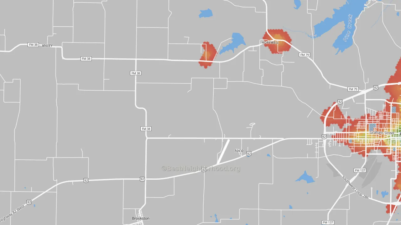 Walk Grade map of Brookston, TX, walkable areas in green and car-dependent areas in red