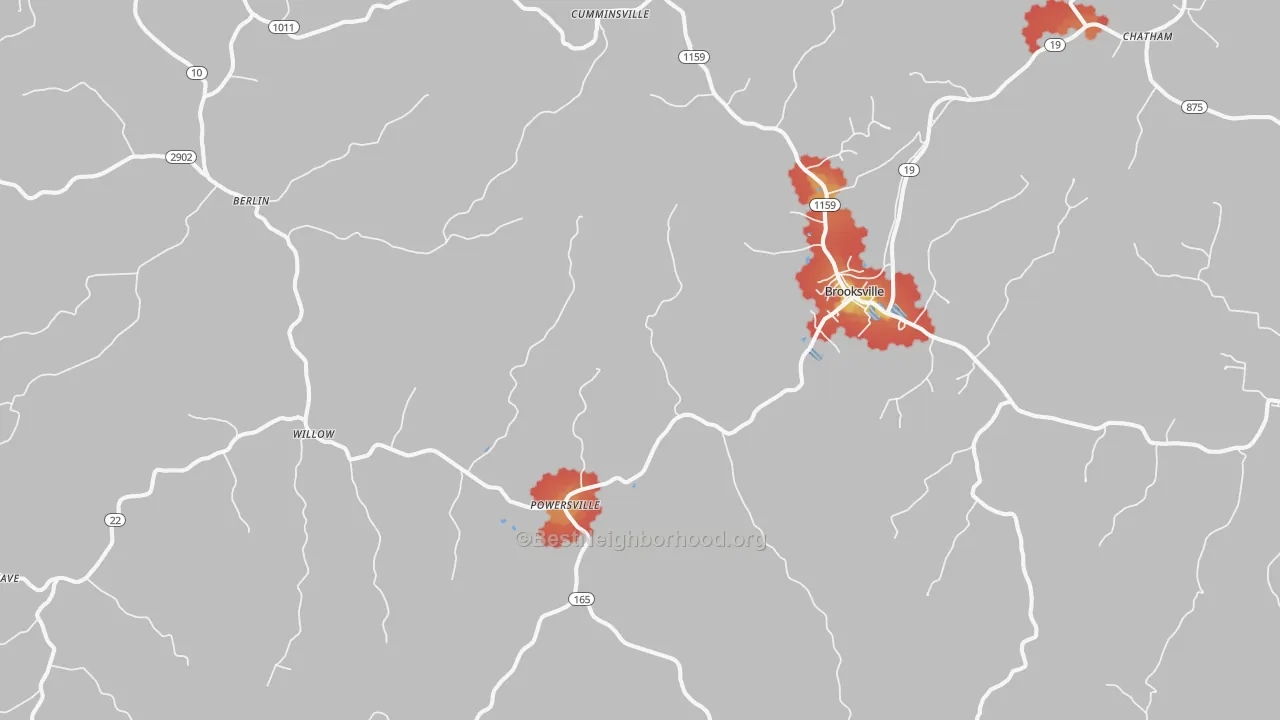 Walk Grade map of Brooksville, KY, walkable areas in green and car-dependent areas in red