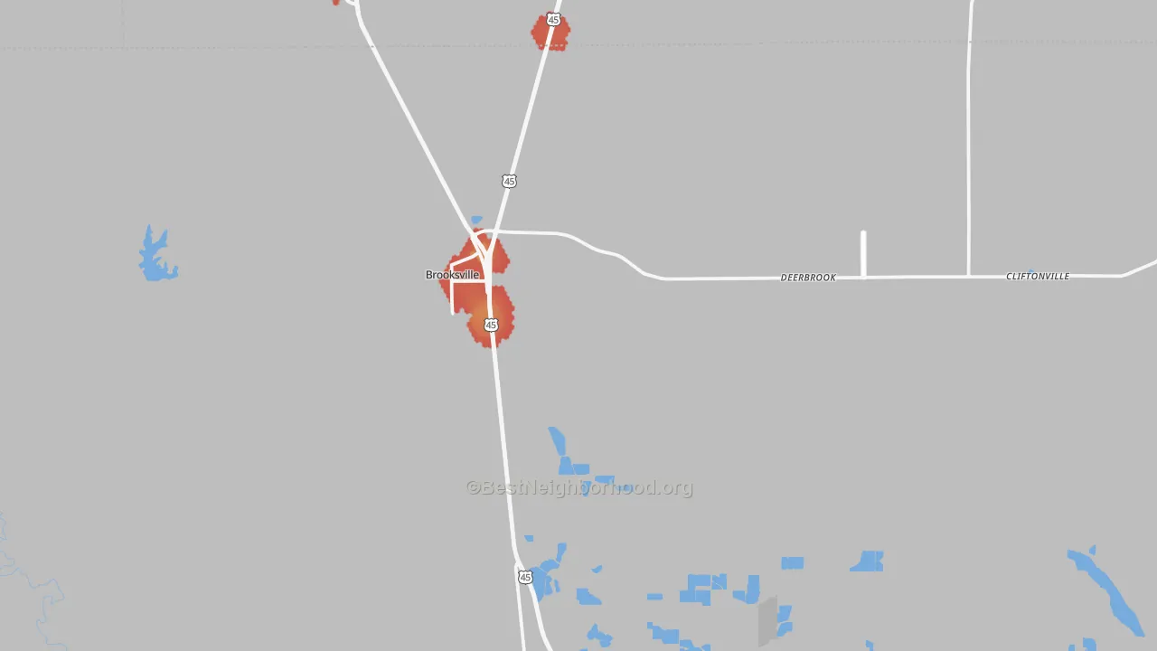Walk Grade map of Brooksville, MS, walkable areas in green and car-dependent areas in red