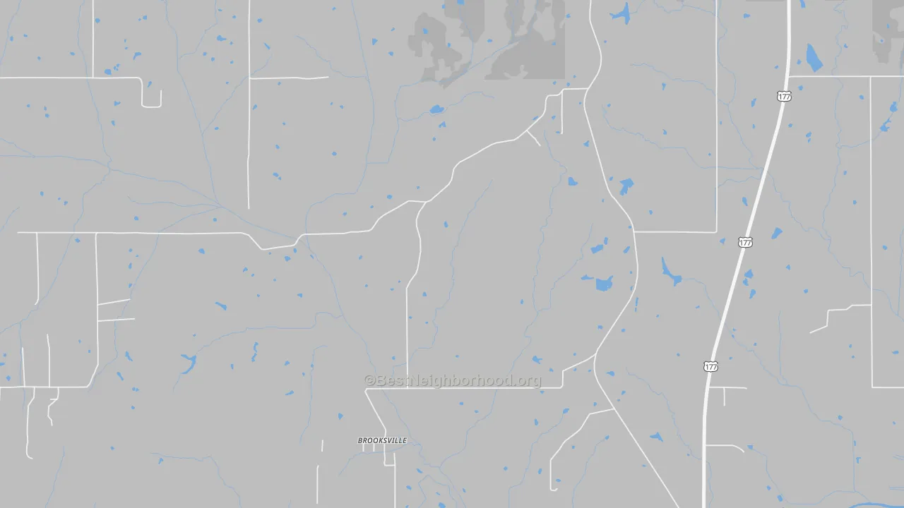Walk Grade map of Brooksville, OK, walkable areas in green and car-dependent areas in red