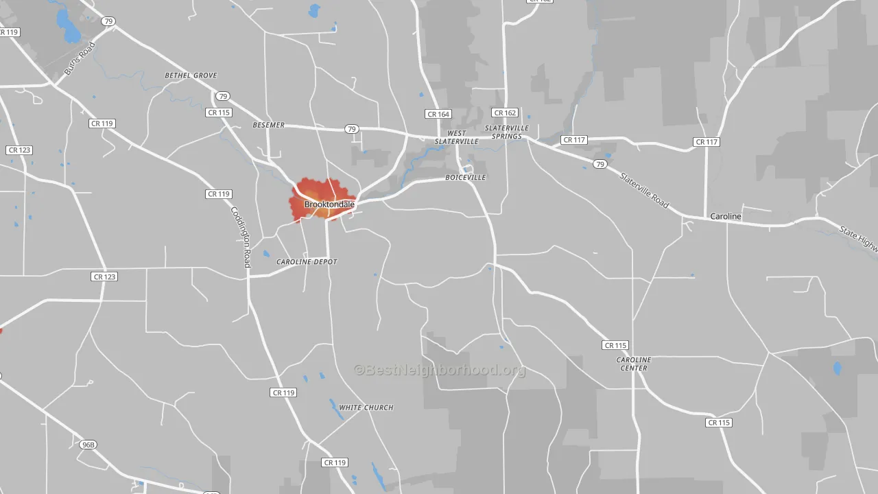 Walk Grade map of Brooktondale, NY, walkable areas in green and car-dependent areas in red