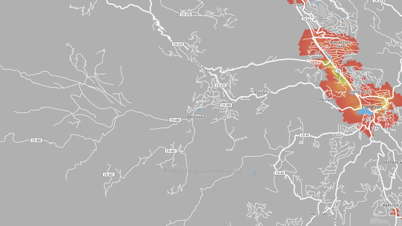Walk Grade map of Brookvale, CO, walkable areas in green and car-dependent areas in red
