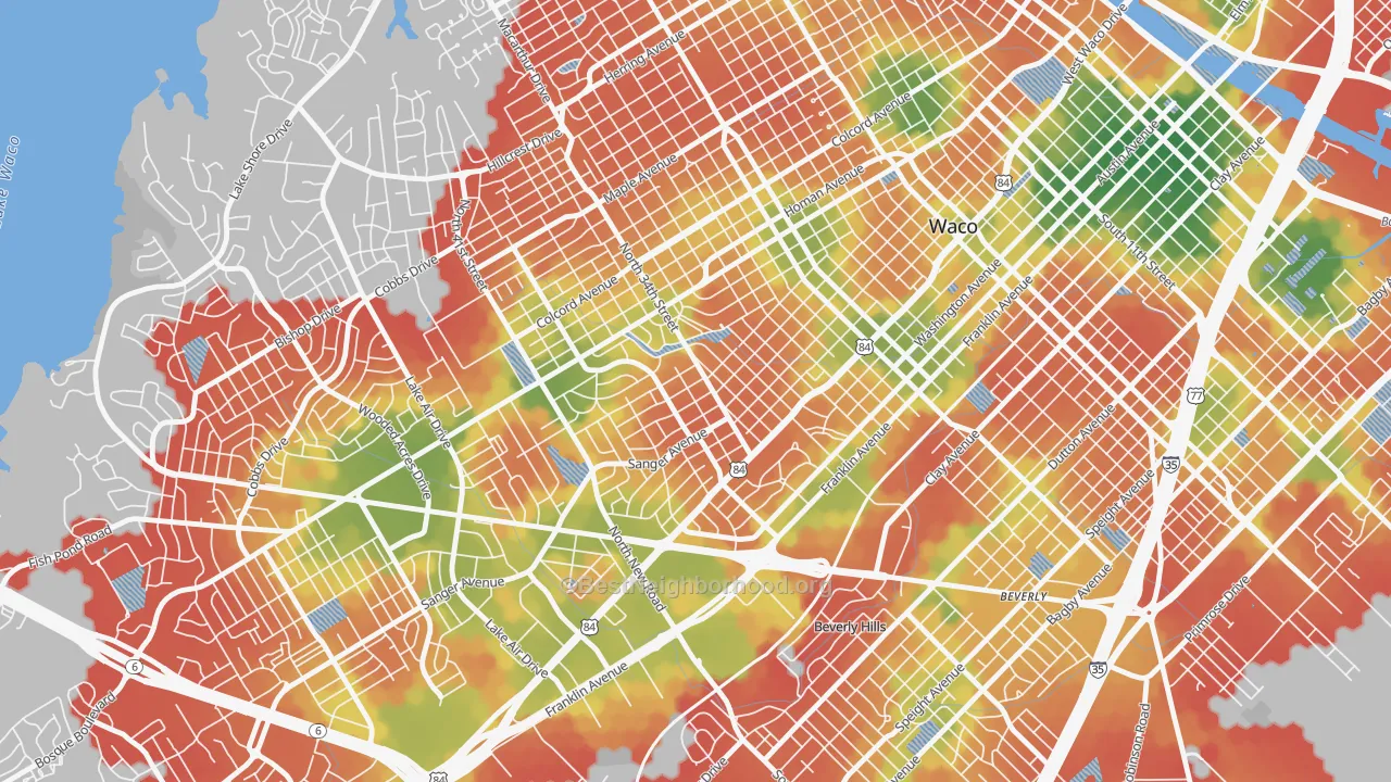 Walk Grade map of Brookview, Waco, TX, walkable areas in green and car-dependent areas in red