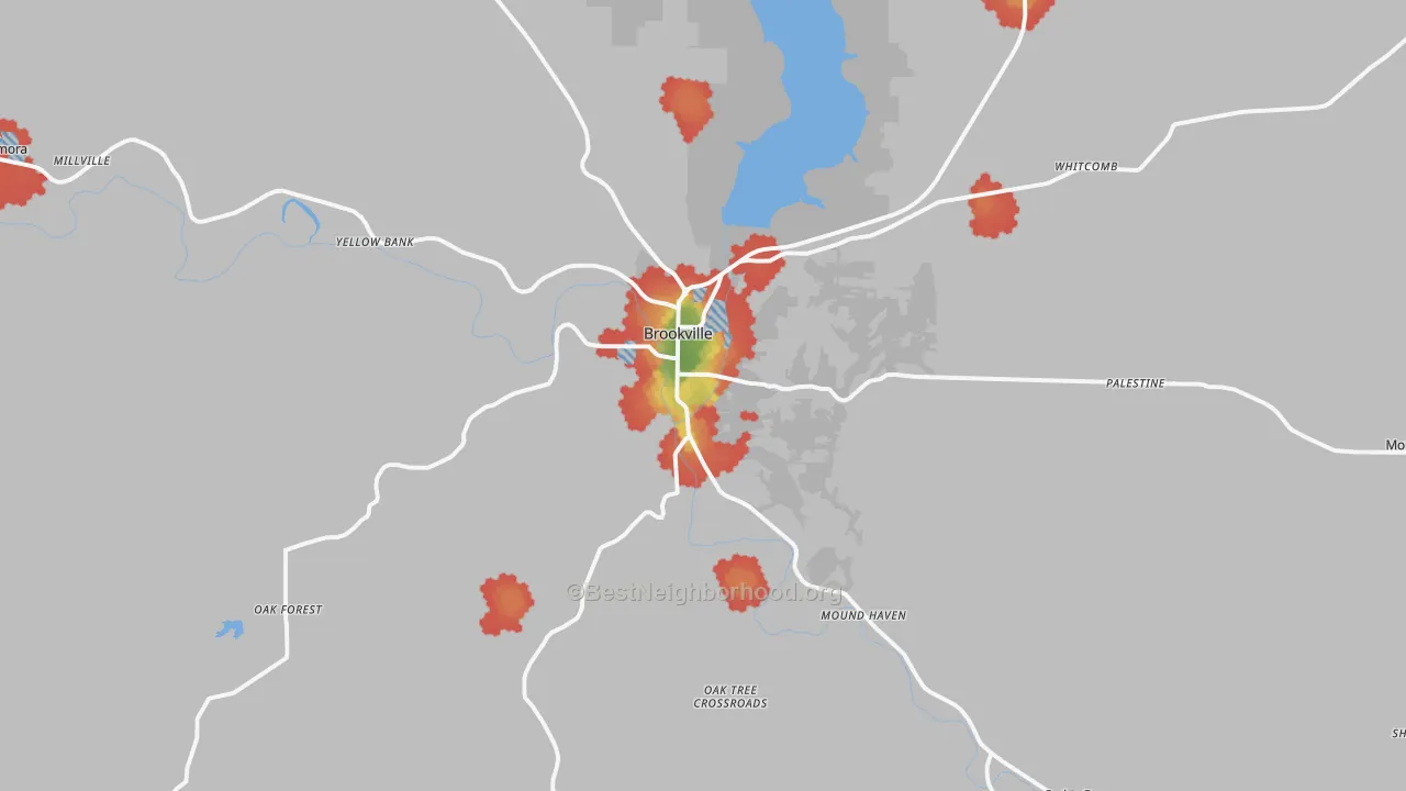 Walk Grade map of Brookville, IN, walkable areas in green and car-dependent areas in red