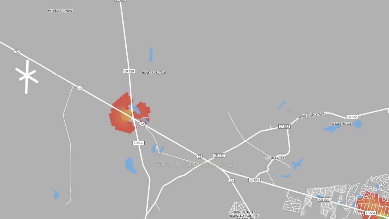 Walk Grade map of Brookville, NJ, walkable areas in green and car-dependent areas in red