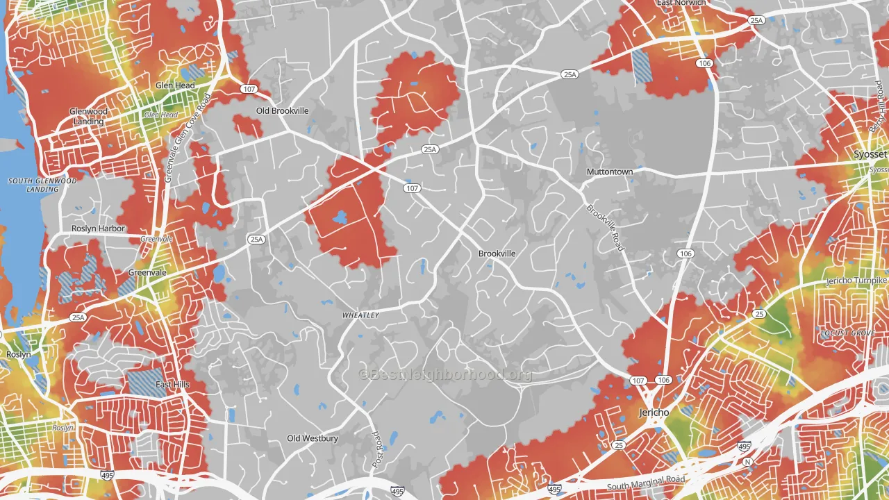 Walk Grade map of Brookville, NY, walkable areas in green and car-dependent areas in red