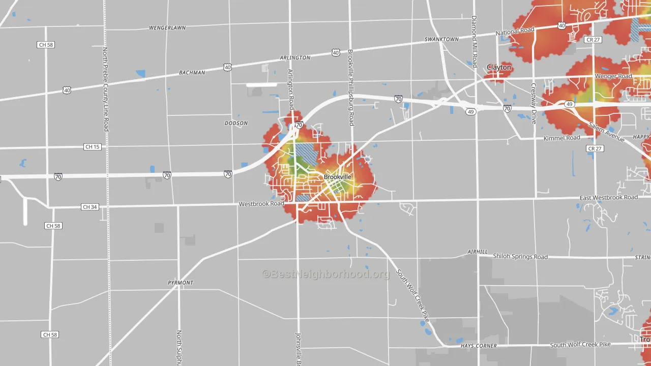 Walk Grade map of Brookville, OH, walkable areas in green and car-dependent areas in red