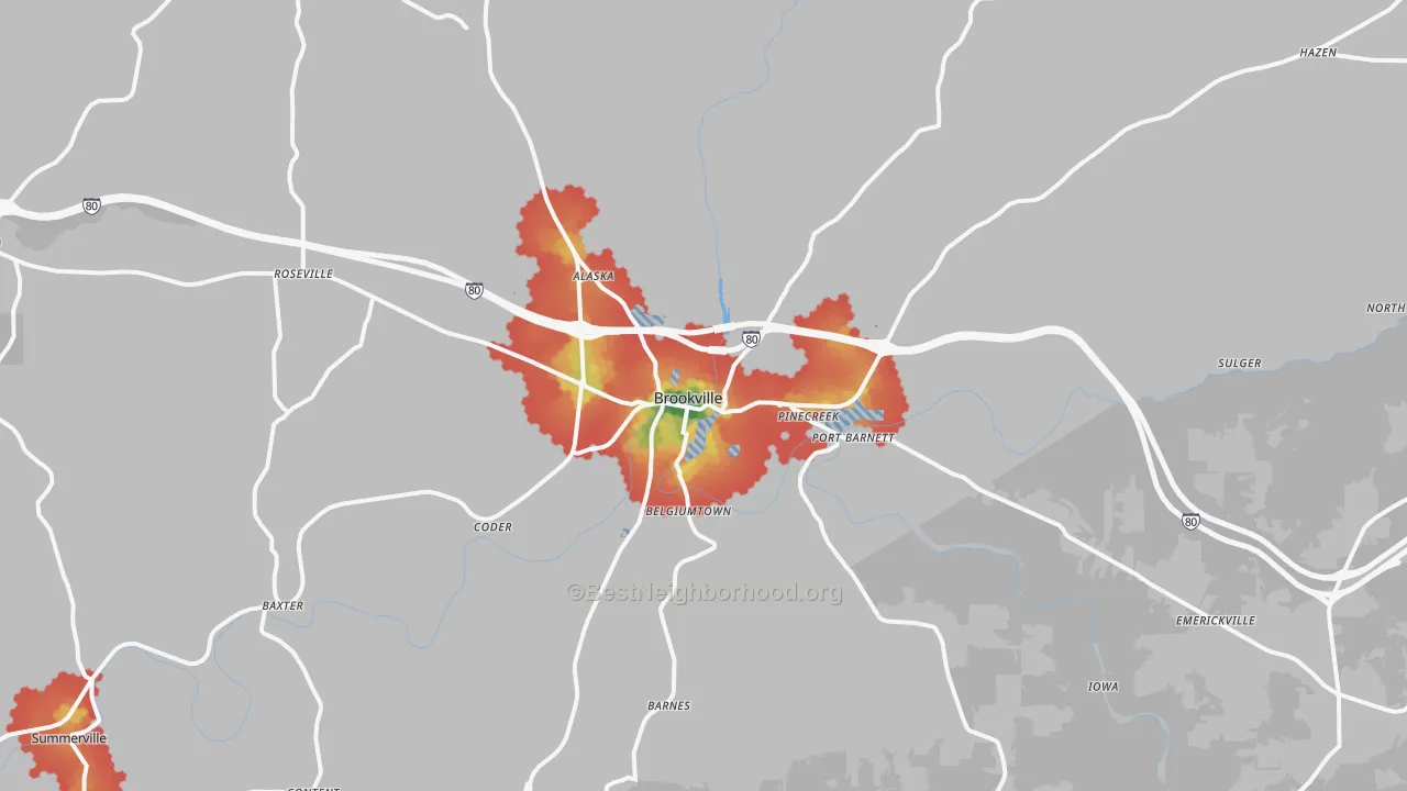 Walk Grade map of Brookville, PA, walkable areas in green and car-dependent areas in red