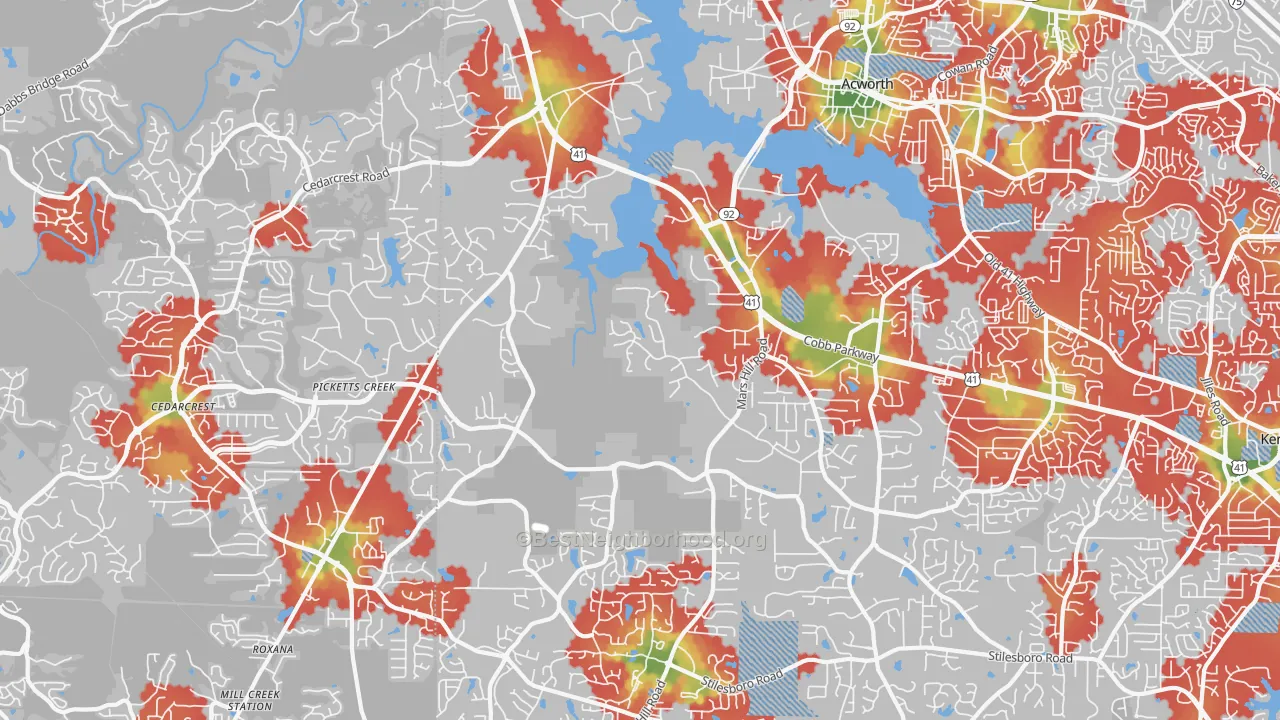 Walk Grade map of Brookwood, Acworth, GA, walkable areas in green and car-dependent areas in red