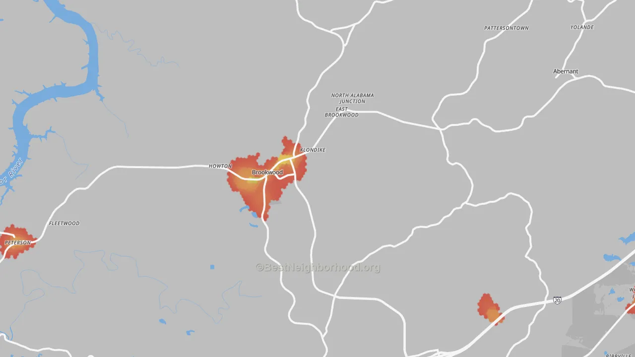 Walk Grade map of Brookwood, AL, walkable areas in green and car-dependent areas in red
