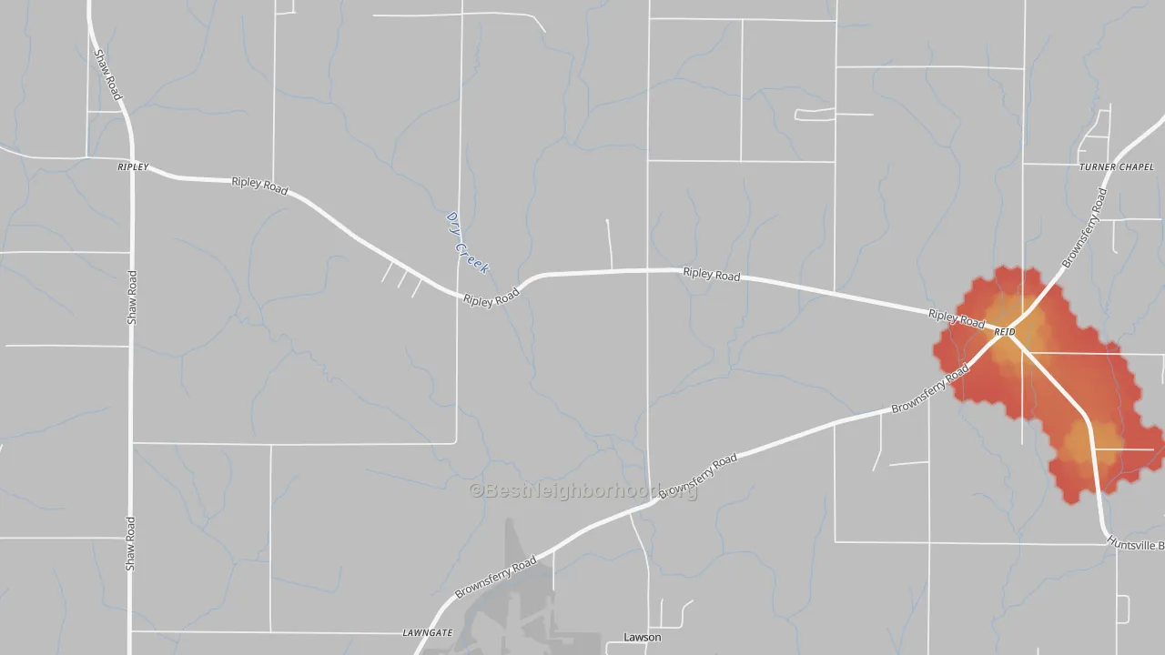 Walk Grade map of Brookwood Forest, AL, walkable areas in green and car-dependent areas in red
